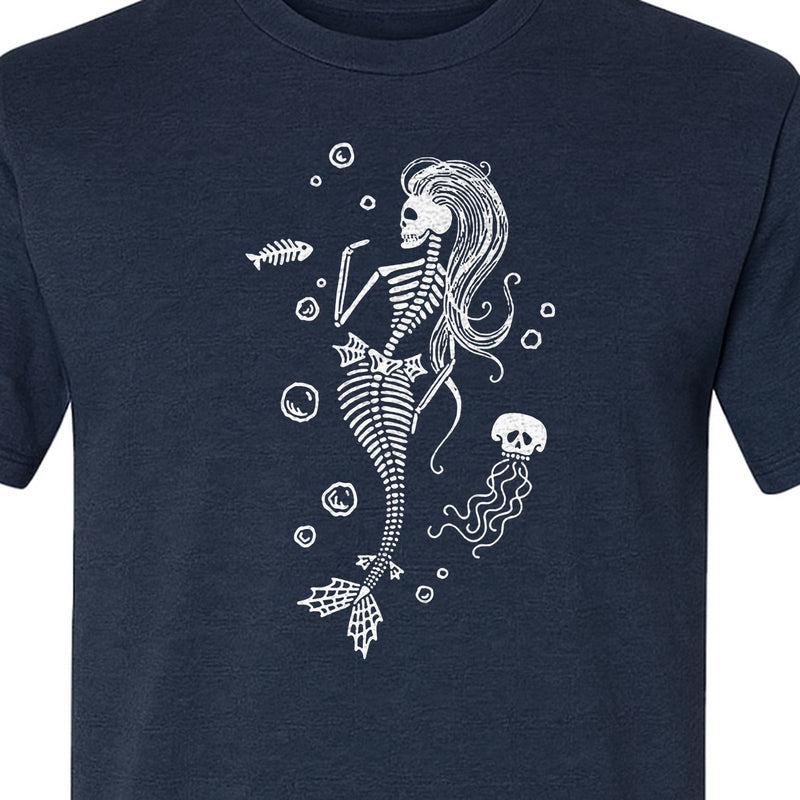 Mermaid Skeleton T-Shirt, Spooky Underwater Skelemaid Graphic for Halloween Parties and Ocean Fans