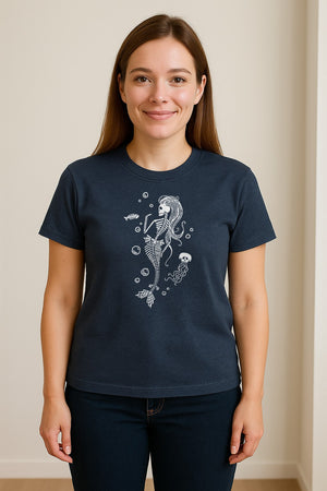 Mermaid Skeleton T-Shirt, Spooky Underwater Skelemaid Graphic for Halloween Parties and Ocean Fans