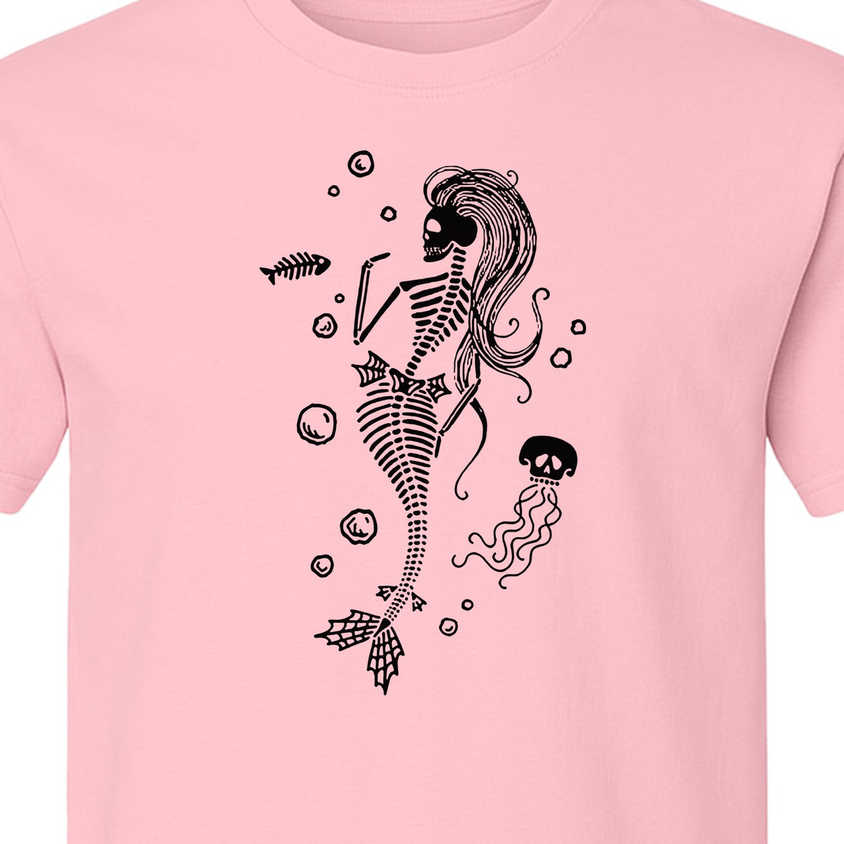 Mermaid Skeleton T-Shirt, Spooky Underwater Skelemaid Graphic for Halloween Parties and Ocean Fans