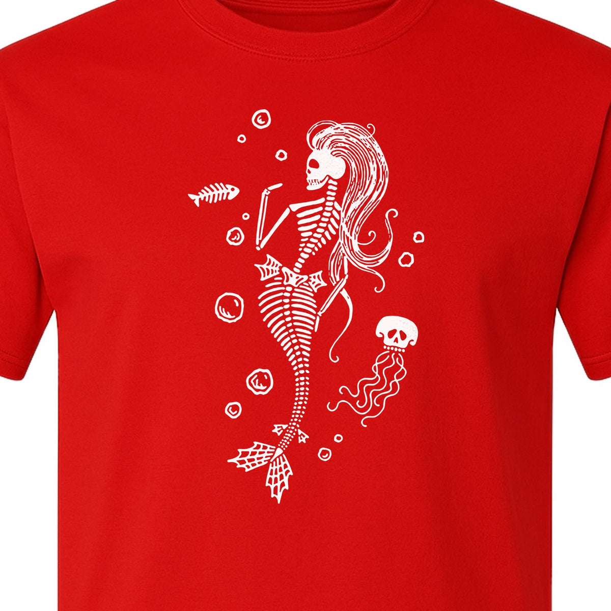 Mermaid Skeleton T-Shirt, Spooky Underwater Skelemaid Graphic for Halloween Parties and Ocean Fans
