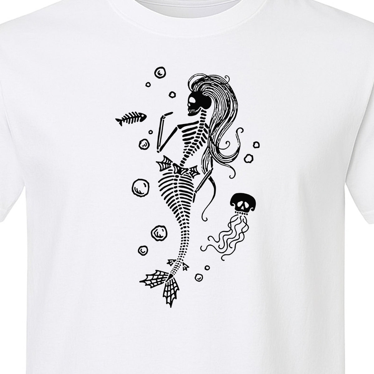 Mermaid Skeleton T-Shirt, Spooky Underwater Skelemaid Graphic for Halloween Parties and Ocean Fans