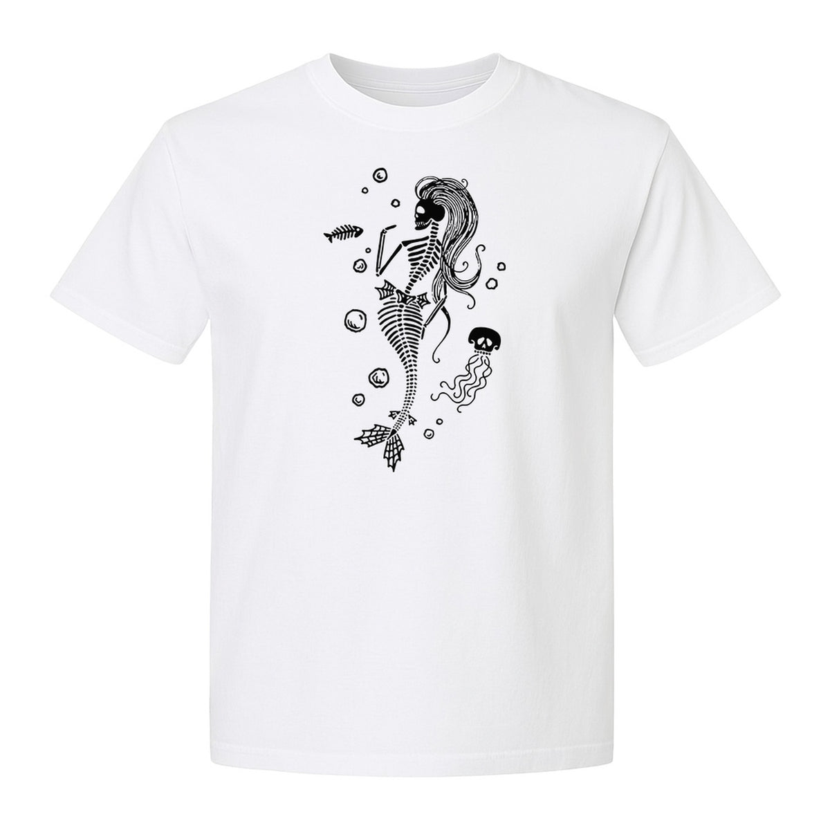 Mermaid Skeleton T-Shirt, Spooky Underwater Skelemaid Graphic for Halloween Parties and Ocean Fans
