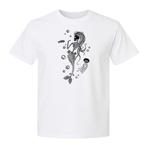 Mermaid Skeleton T-Shirt, Spooky Underwater Skelemaid Graphic for Halloween Parties and Ocean Fans
