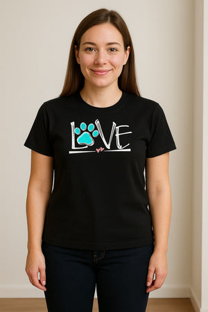 Dog Love Paw Print T-Shirt, Chalk Style Heart Graphic for Moms, Pet Owners and Animal Lovers