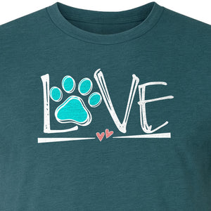 Dog Love Paw Print T-Shirt, Chalk Style Heart Graphic for Moms, Pet Owners and Animal Lovers