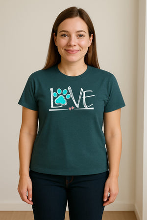 Dog Love Paw Print T-Shirt, Chalk Style Heart Graphic for Moms, Pet Owners and Animal Lovers