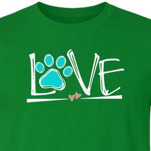 Dog Love Paw Print T-Shirt, Chalk Style Heart Graphic for Moms, Pet Owners and Animal Lovers