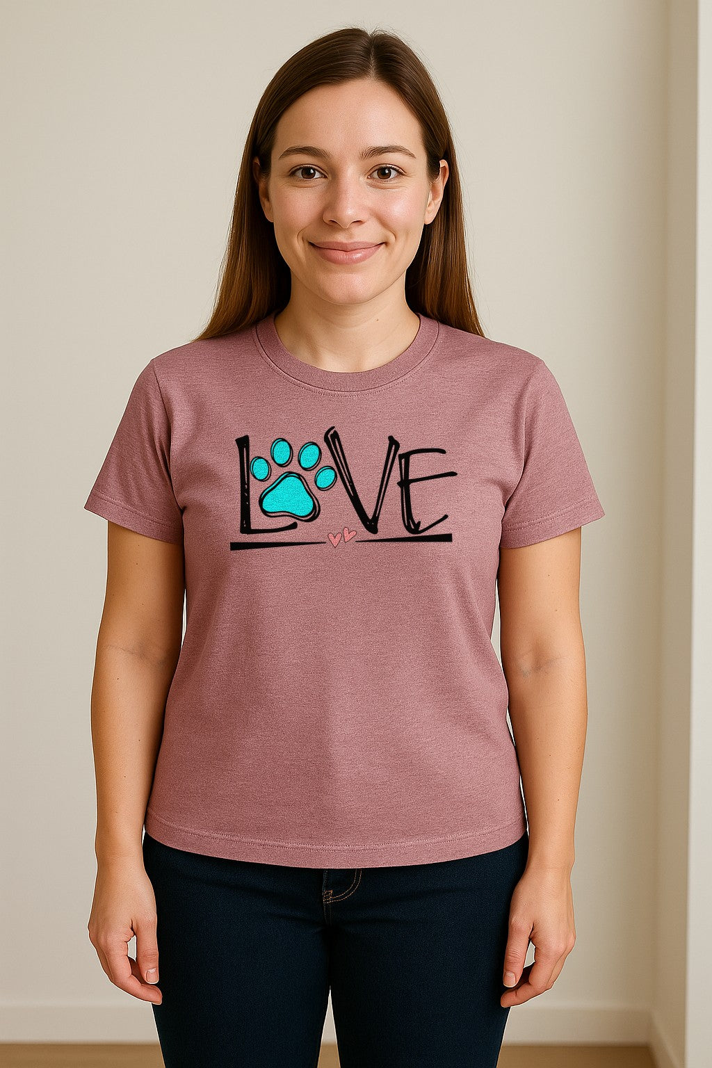 Dog Love Paw Print T-Shirt, Chalk Style Heart Graphic for Moms, Pet Owners and Animal Lovers