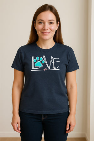 Dog Love Paw Print T-Shirt, Chalk Style Heart Graphic for Moms, Pet Owners and Animal Lovers