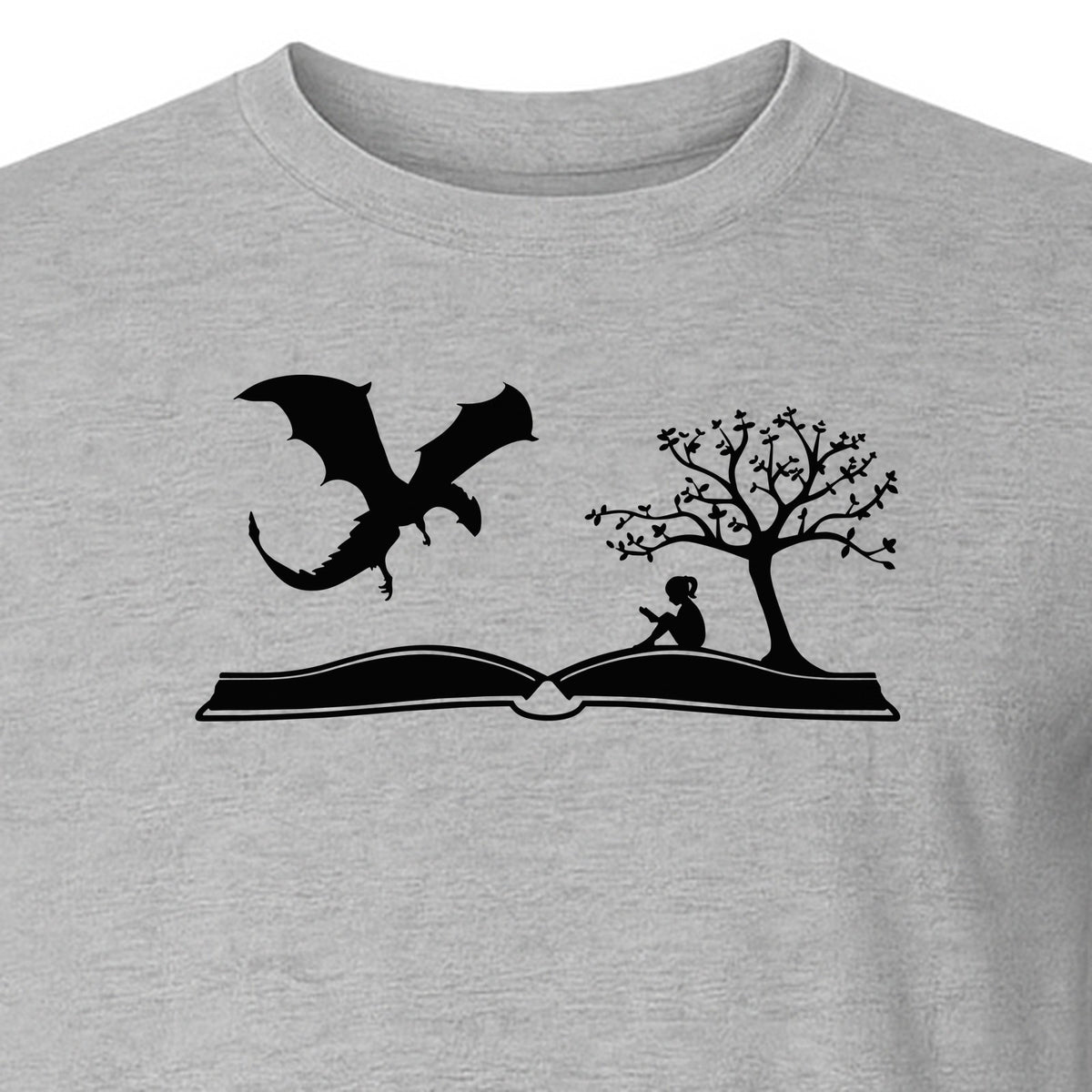 Fantasy Book T-Shirt, Girl Reading Under a Tree With Dragon Graphic for Readers and Librarians