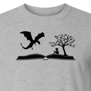 Fantasy Book T-Shirt, Girl Reading Under a Tree With Dragon Graphic for Readers and Librarians