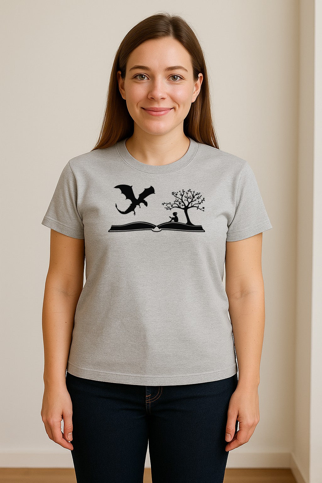 Fantasy Book T-Shirt, Girl Reading Under a Tree With Dragon Graphic for Readers and Librarians