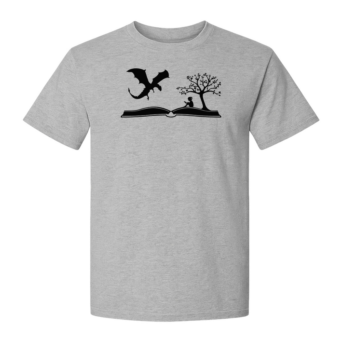 Fantasy Book T-Shirt, Girl Reading Under a Tree With Dragon Graphic for Readers and Librarians