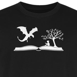 Fantasy Book T-Shirt, Girl Reading Under a Tree With Dragon Graphic for Readers and Librarians