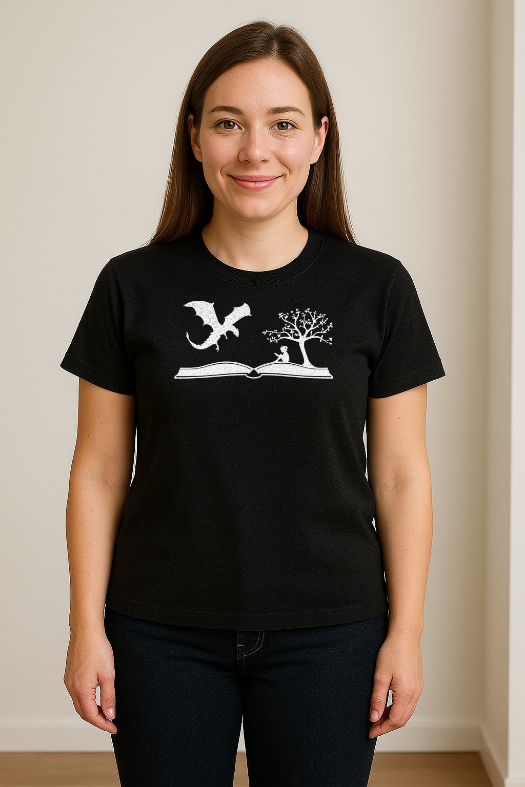 Fantasy Book T-Shirt, Girl Reading Under a Tree With Dragon Graphic for Readers and Librarians