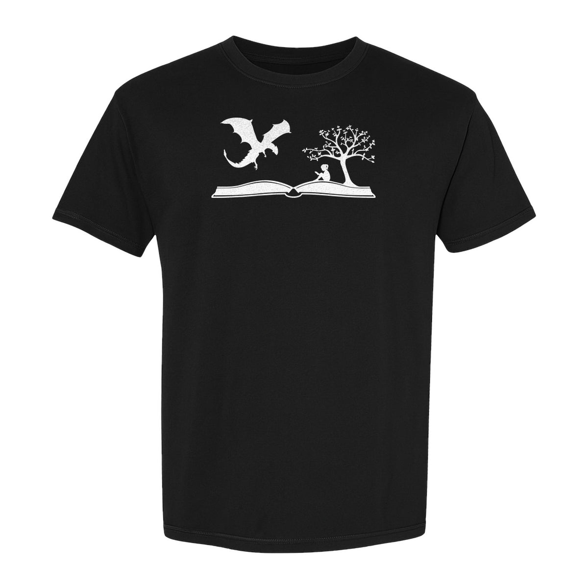 Fantasy Book T-Shirt, Girl Reading Under a Tree With Dragon Graphic for Readers and Librarians