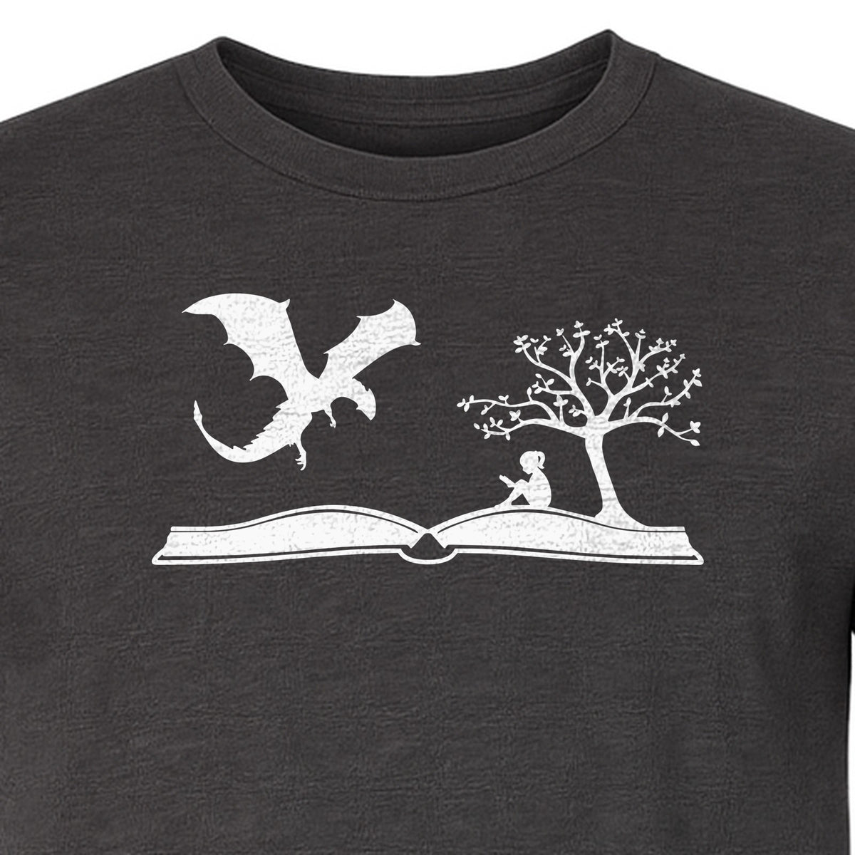 Fantasy Book T-Shirt, Girl Reading Under a Tree With Dragon Graphic for Readers and Librarians