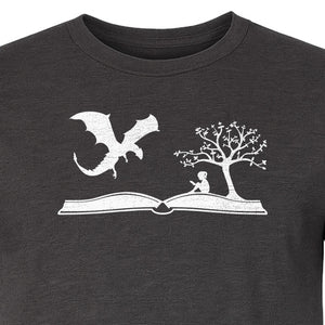 Fantasy Book T-Shirt, Girl Reading Under a Tree With Dragon Graphic for Readers and Librarians