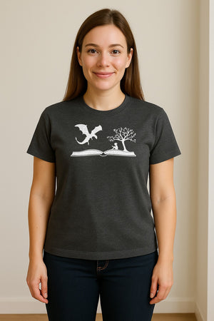 Fantasy Book T-Shirt, Girl Reading Under a Tree With Dragon Graphic for Readers and Librarians