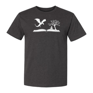 Fantasy Book T-Shirt, Girl Reading Under a Tree With Dragon Graphic for Readers and Librarians