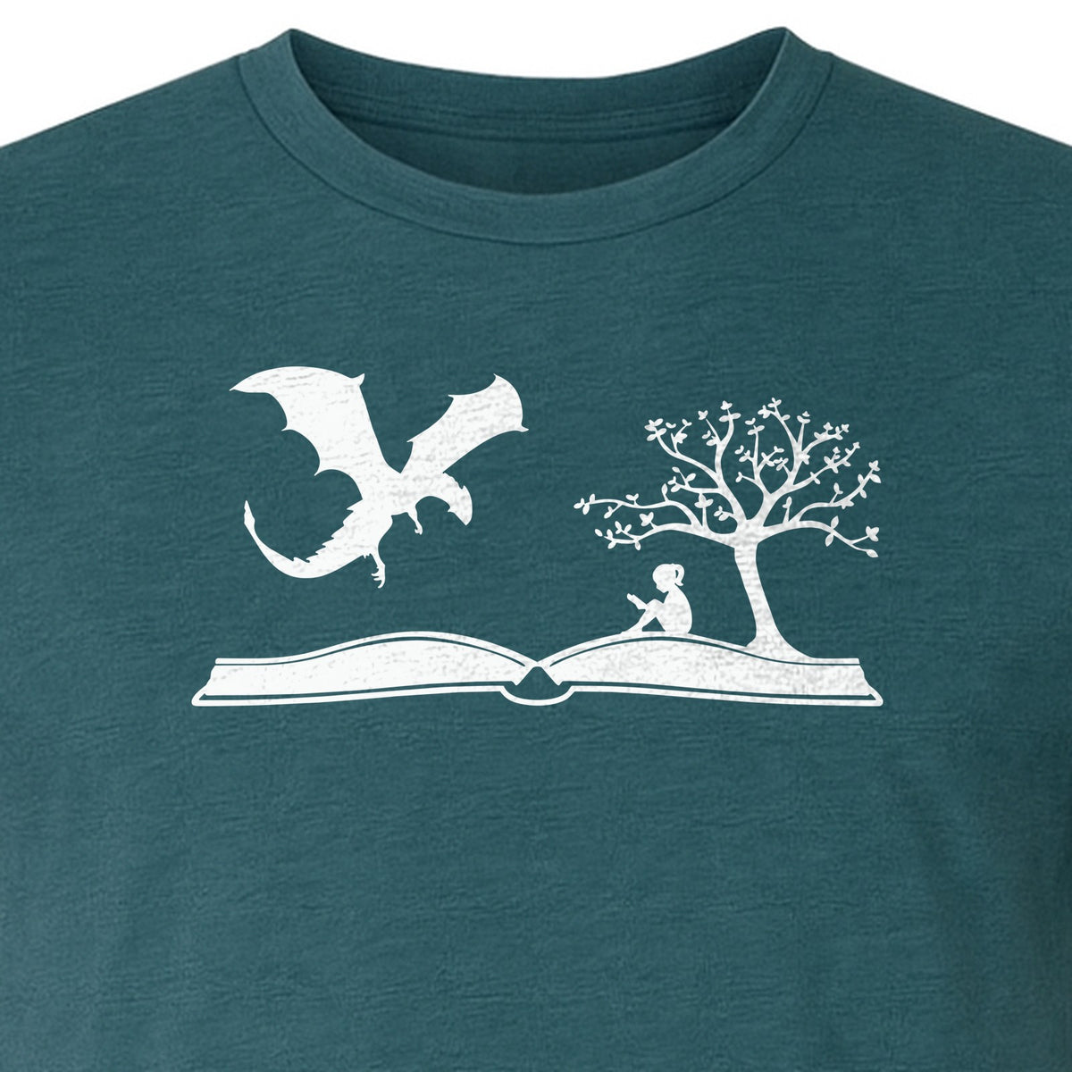 Fantasy Book T-Shirt, Girl Reading Under a Tree With Dragon Graphic for Readers and Librarians