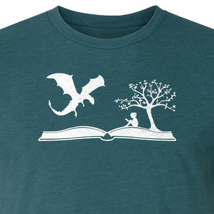 Fantasy Book T-Shirt, Girl Reading Under a Tree With Dragon Graphic for Readers and Librarians