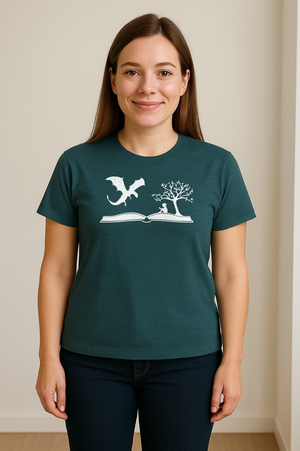 Fantasy Book T-Shirt, Girl Reading Under a Tree With Dragon Graphic for Readers and Librarians