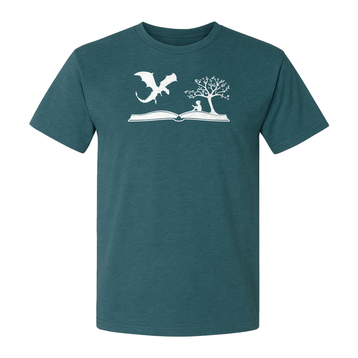 Fantasy Book T-Shirt, Girl Reading Under a Tree With Dragon Graphic for Readers and Librarians