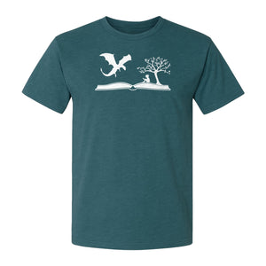 Fantasy Book T-Shirt, Girl Reading Under a Tree With Dragon Graphic for Readers and Librarians