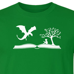 Fantasy Book T-Shirt, Girl Reading Under a Tree With Dragon Graphic for Readers and Librarians