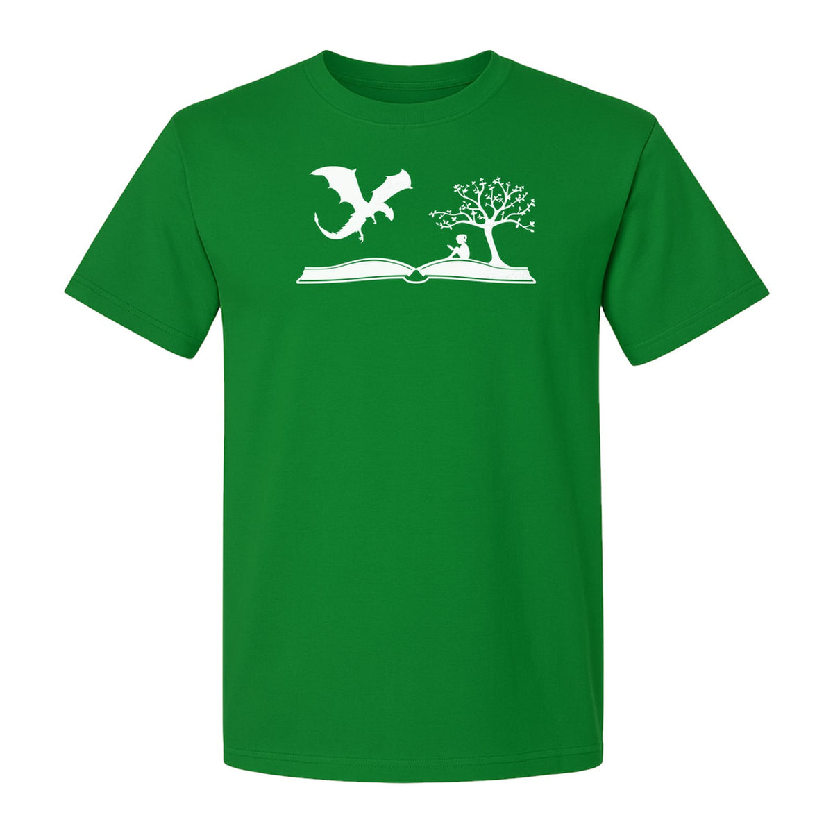 Fantasy Book T-Shirt, Girl Reading Under a Tree With Dragon Graphic for Readers and Librarians
