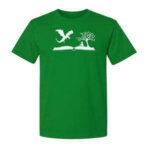 Fantasy Book T-Shirt, Girl Reading Under a Tree With Dragon Graphic for Readers and Librarians