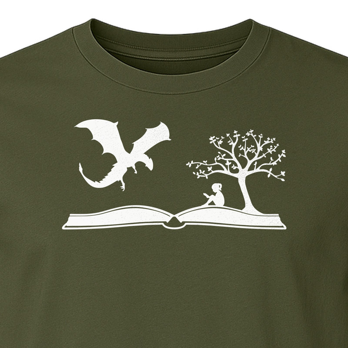 Fantasy Book T-Shirt, Girl Reading Under a Tree With Dragon Graphic for Readers and Librarians