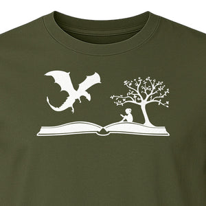 Fantasy Book T-Shirt, Girl Reading Under a Tree With Dragon Graphic for Readers and Librarians
