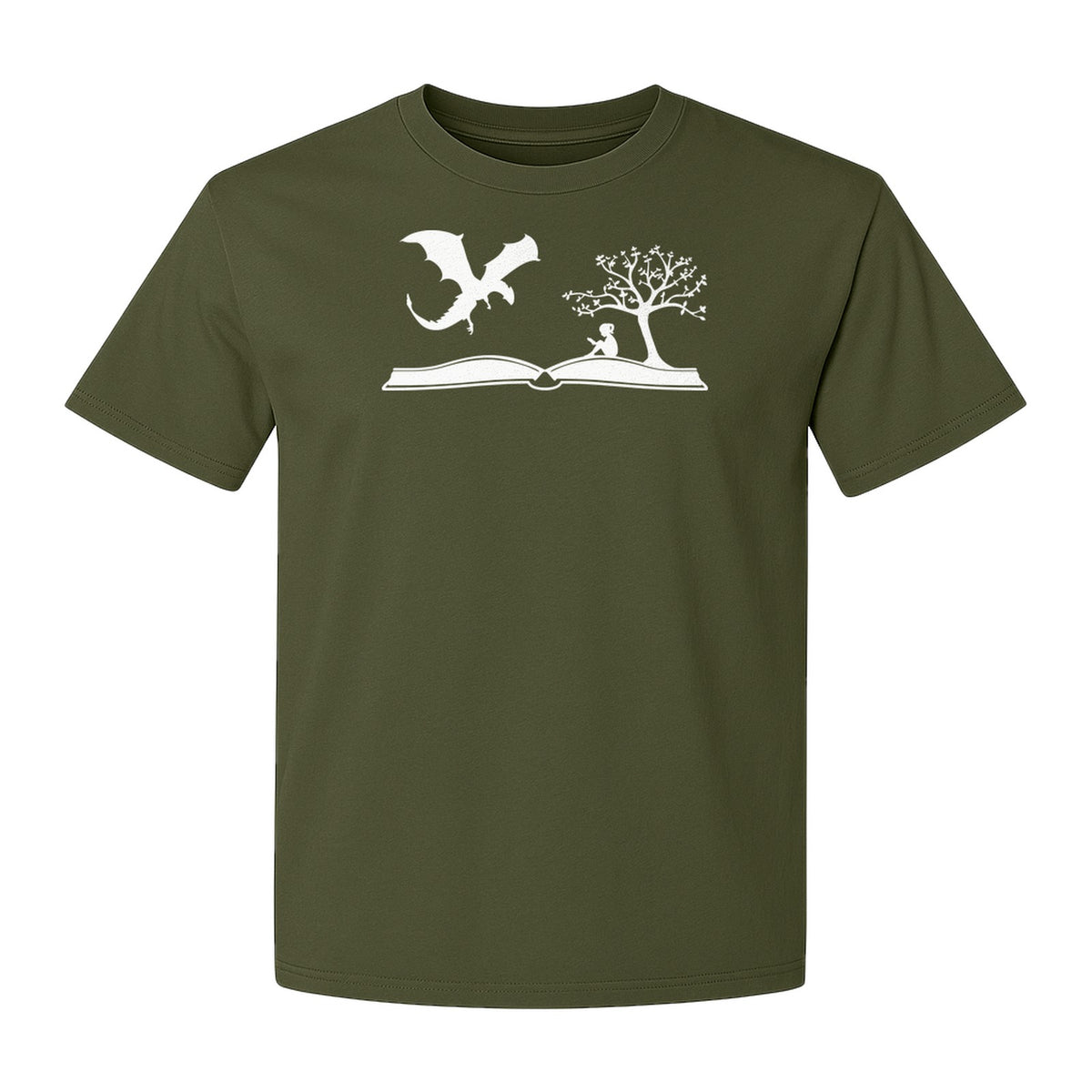 Fantasy Book T-Shirt, Girl Reading Under a Tree With Dragon Graphic for Readers and Librarians
