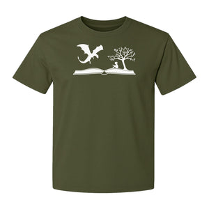 Fantasy Book T-Shirt, Girl Reading Under a Tree With Dragon Graphic for Readers and Librarians