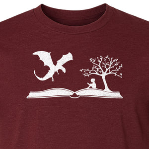 Fantasy Book T-Shirt, Girl Reading Under a Tree With Dragon Graphic for Readers and Librarians