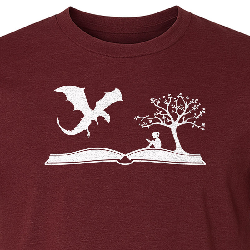 Fantasy Book T-Shirt, Girl Reading Under a Tree With Dragon Graphic for Readers and Librarians