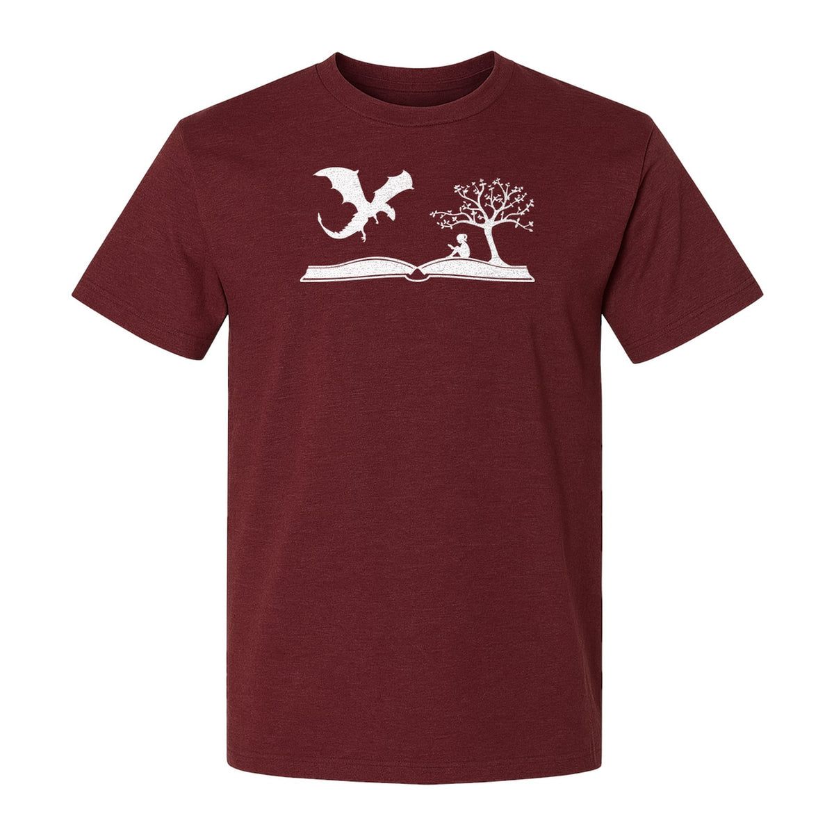 Fantasy Book T-Shirt, Girl Reading Under a Tree With Dragon Graphic for Readers and Librarians