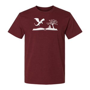 Fantasy Book T-Shirt, Girl Reading Under a Tree With Dragon Graphic for Readers and Librarians