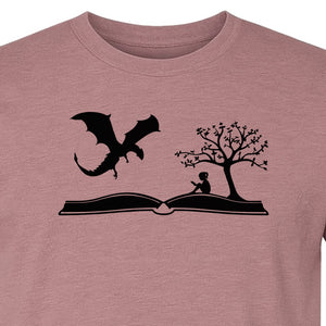 Fantasy Book T-Shirt, Girl Reading Under a Tree With Dragon Graphic for Readers and Librarians