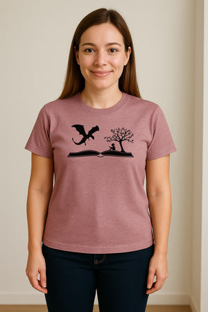 Fantasy Book T-Shirt, Girl Reading Under a Tree With Dragon Graphic for Readers and Librarians