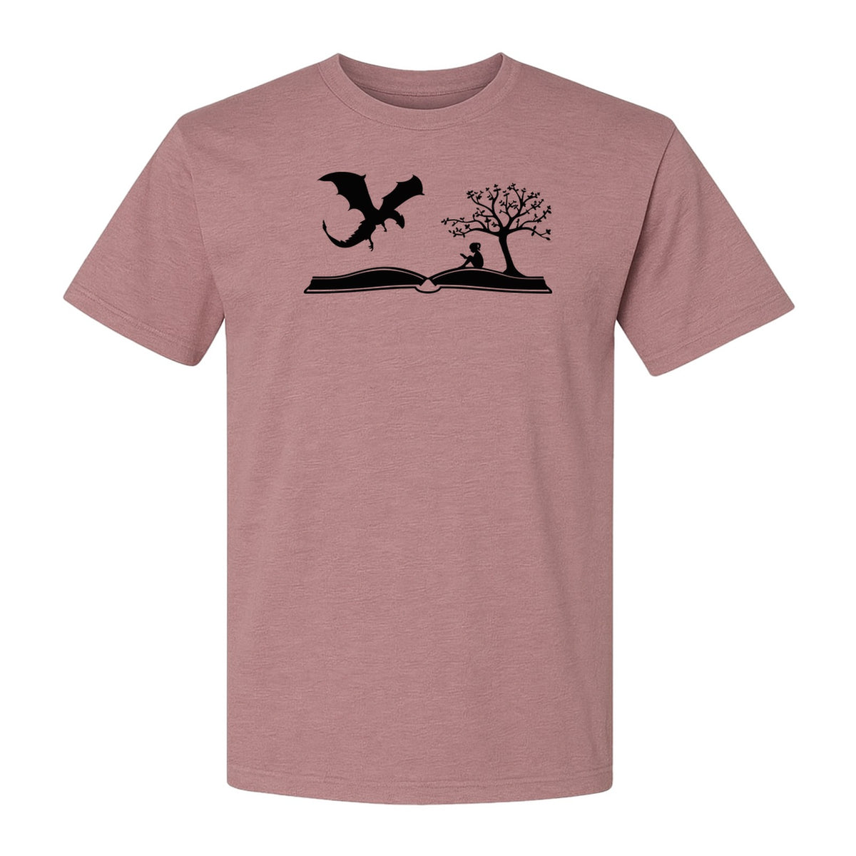 Fantasy Book T-Shirt, Girl Reading Under a Tree With Dragon Graphic for Readers and Librarians