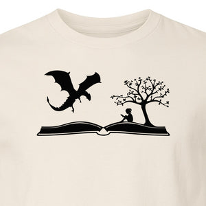 Fantasy Book T-Shirt, Girl Reading Under a Tree With Dragon Graphic for Readers and Librarians