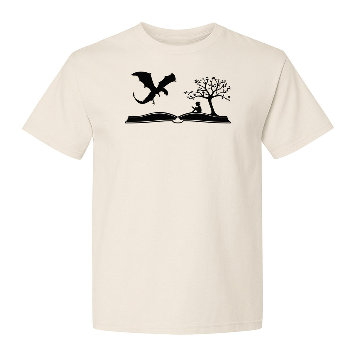 Fantasy Book T-Shirt, Girl Reading Under a Tree With Dragon Graphic for Readers and Librarians