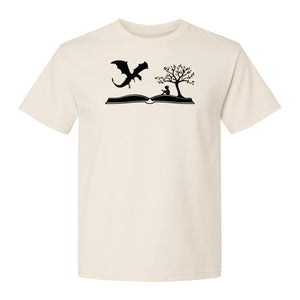 Fantasy Book T-Shirt, Girl Reading Under a Tree With Dragon Graphic for Readers and Librarians
