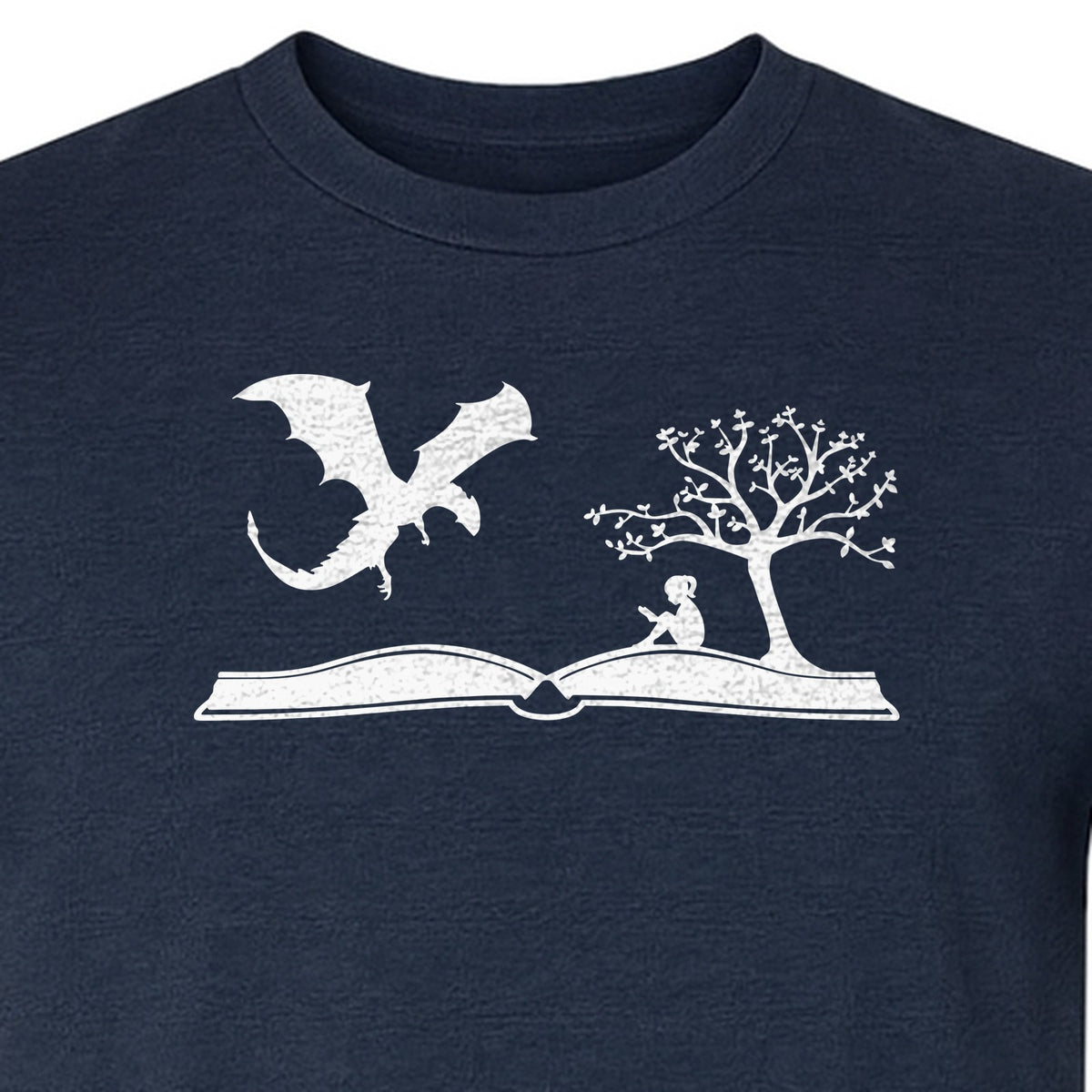 Fantasy Book T-Shirt, Girl Reading Under a Tree With Dragon Graphic for Readers and Librarians
