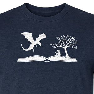 Fantasy Book T-Shirt, Girl Reading Under a Tree With Dragon Graphic for Readers and Librarians