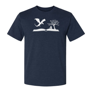 Fantasy Book T-Shirt, Girl Reading Under a Tree With Dragon Graphic for Readers and Librarians