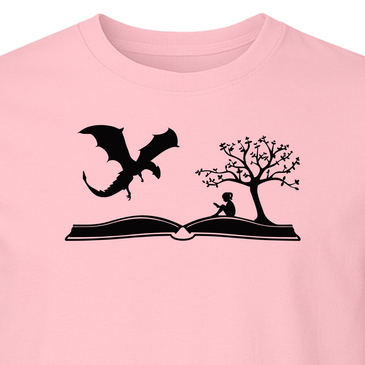 Fantasy Book T-Shirt, Girl Reading Under a Tree With Dragon Graphic for Readers and Librarians